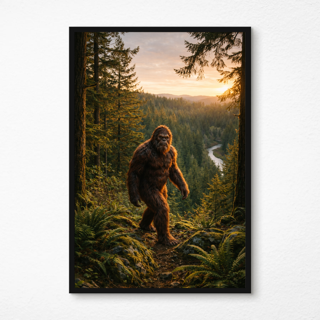 Bigfoot Poster in Forest - Sasquatch Wall Art - Cryptid Art Print
