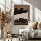 Poster Porsche 911 Turbo avec femme, style rétro, décoration murale - Impression esthétique vintage avec palmiers et luxe