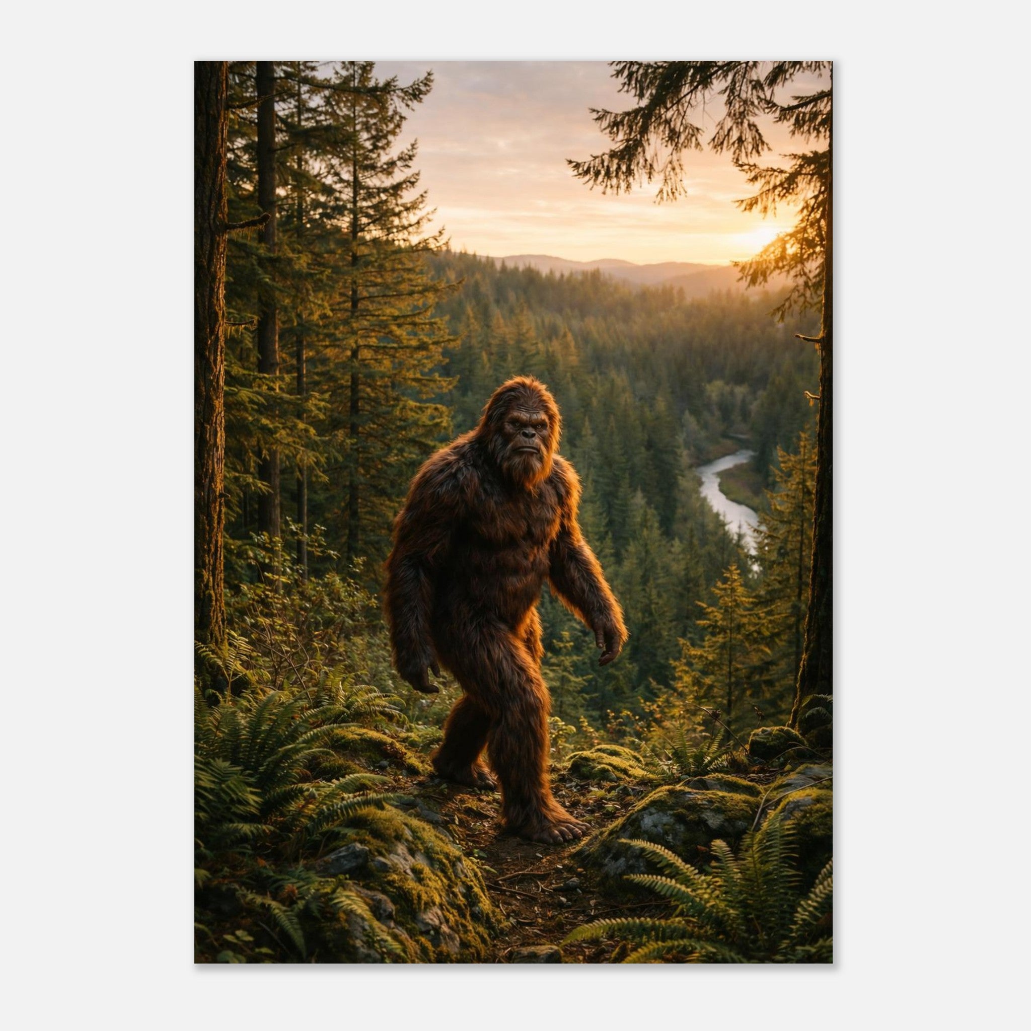 Bigfoot Poster in Forest - Sasquatch Wall Art - Cryptid Art Print
