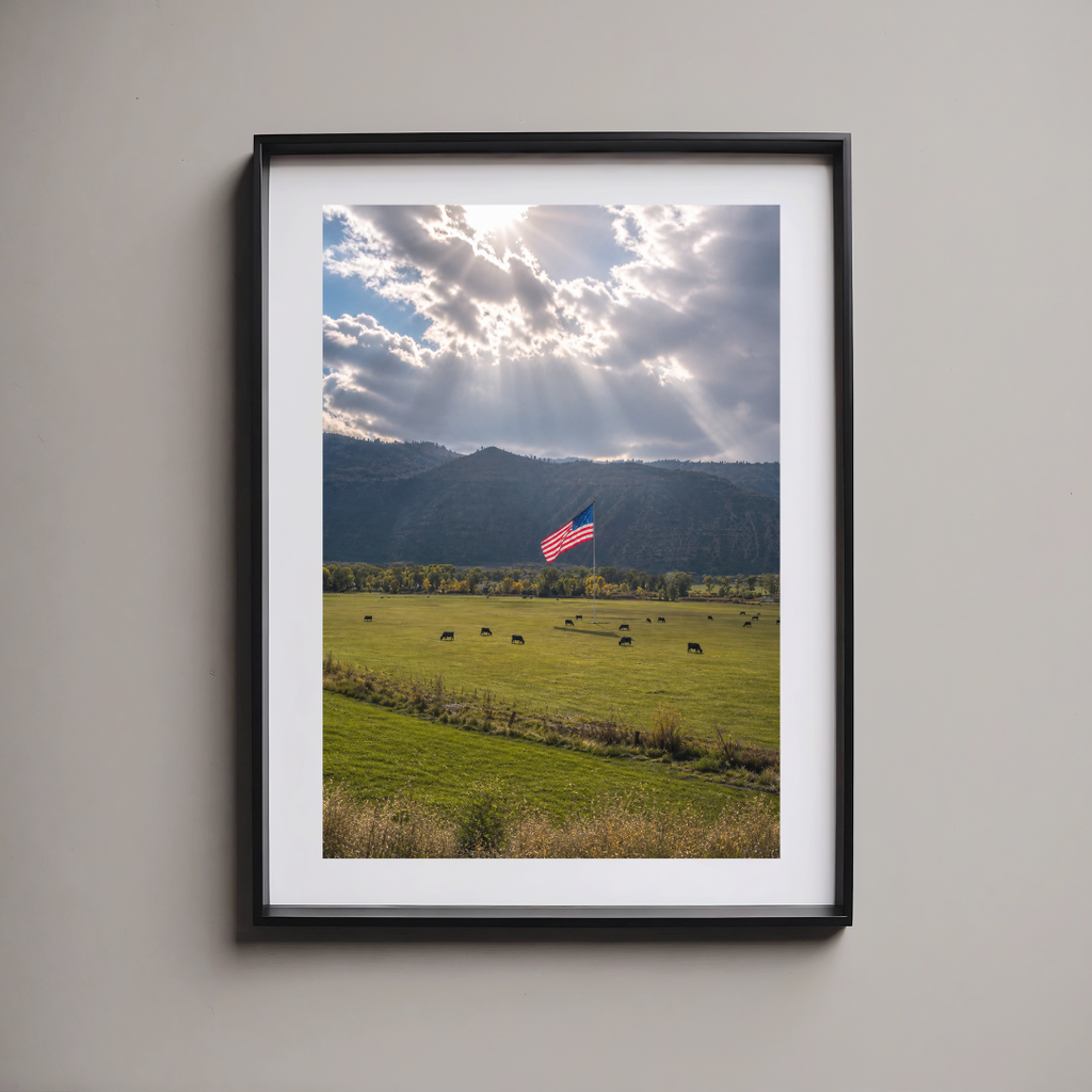 USA Flag Poster Ranch Landscape Dramatic Sky Patriotic Wall Art America 250