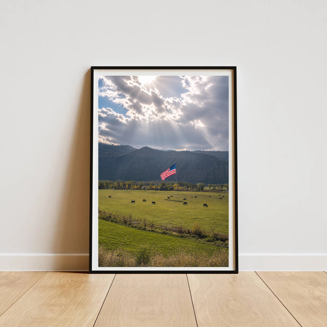 USA Flag Poster Ranch Landscape Dramatic Sky Patriotic Wall Art America 250