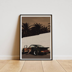 Poster Porsche 911 Turbo avec femme, style rétro, décoration murale - Impression esthétique vintage avec palmiers et luxe